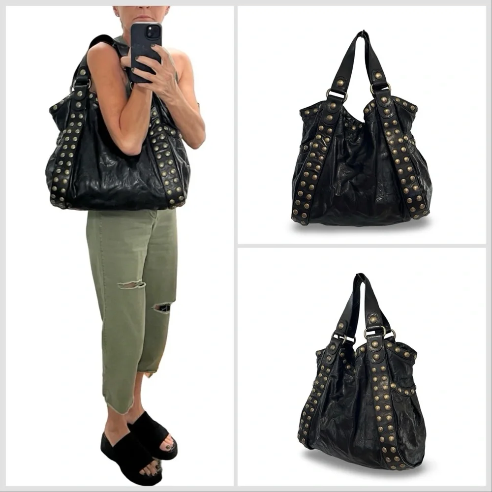 Kooba Jillian Black Leather Studded Hobo Shoulder Bag - Picture 8 of 9